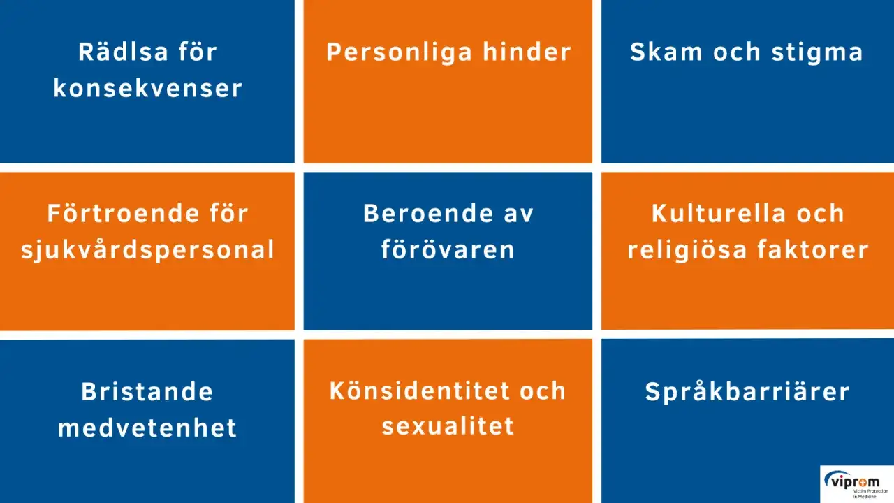 Nio rutor med text om hinder för att söka hjälp, som rädsla, skam, beroende och språkbarriärer. Det kan vara svårt att prata.