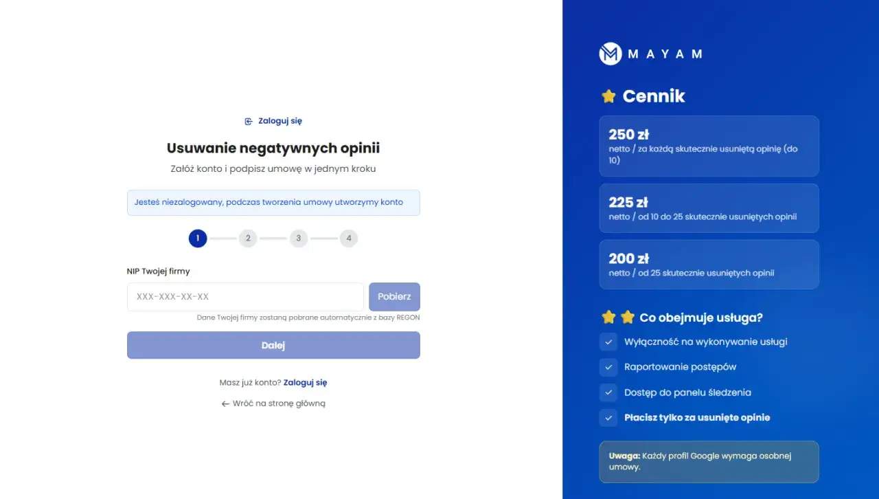 Strona do usuwania opinii Google. Wpisz NIP firmy, aby rozpocząć proces. Cennik usługi usuwania opinii.