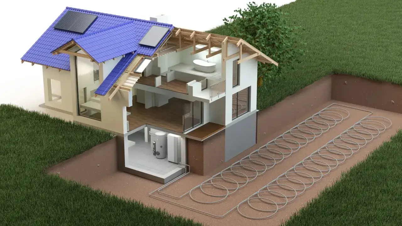 Corte de casa mostrando sistema geot&eacute;rmico subterr&aacute;neo. Los inconvenientes de la energ&iacute;a geot&eacute;rmica incluyen la excavaci&oacute;n y la instalaci&oacute;n inicial.