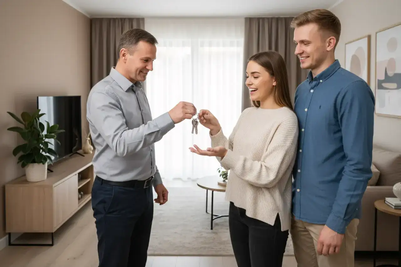 Mężczyzna przekazuje klucze parze, która właśnie wynajęła mieszkanie. Kto opłaca notariusza przy wynajmie mieszkania? Zazwyczaj koszty notarialne ponosi najemca.