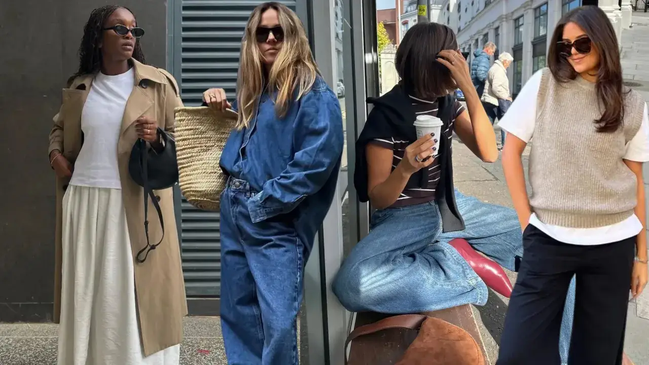 Cztery kobiety prezentują stylowe, casualowe outfity: trencz i biała sukienka, jeansowy kombinezon, golf i szerokie jeansy, kamizelka i czarne spodnie.