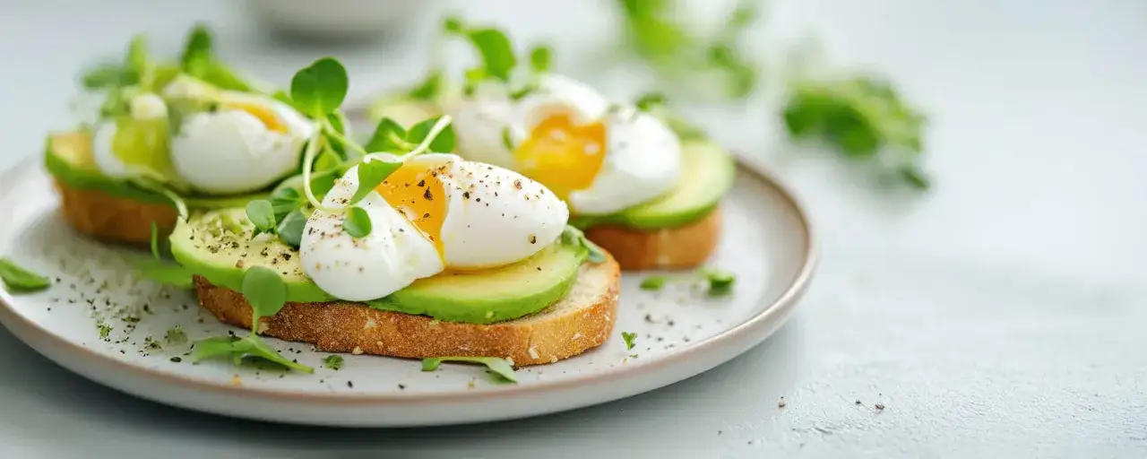 Zwei Avocadotoasts mit perfekt pochierten Eiern ohne Essig, garniert mit frischen Kr&auml;utern und Pfeffer.