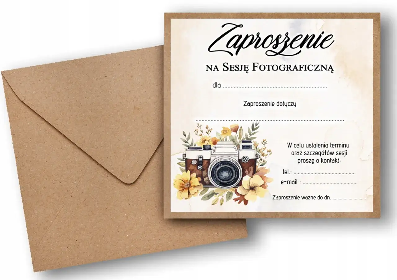 Zaproszenie na sesję fotograficzną z motywem aparatu i kwiatów. Tekst zaproszenia zawiera pola do uzupełnienia danych.