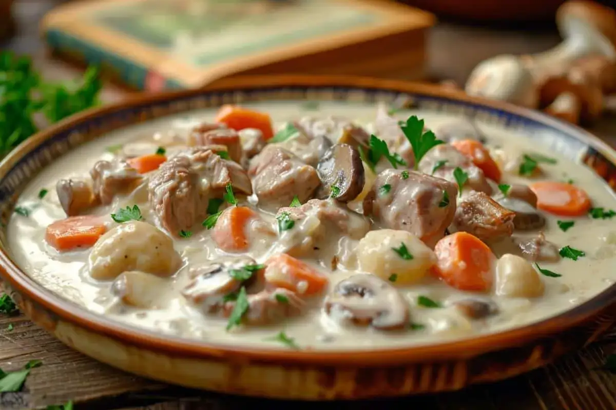 Un plat réconfortant de blanquette de veau, garni de carottes et champignons, prêt à être dégusté avec un verre de vin de Bordeaux.