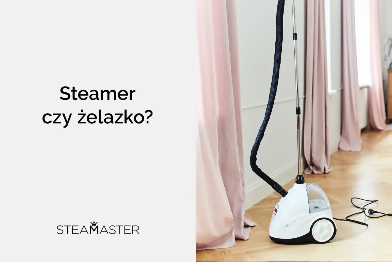 Parownica do ubrań Steam Master obok różowych zasłon. Zastanawiasz się, dlaczego parownice do ubrań stają się popularniejsze od tradycyjnych żelazek?