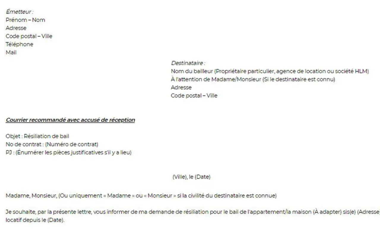 Modèle de lettre pour résiliation de bail 1 mois pour raison de santé. Ce document officiel permet d'informer le propriétaire.