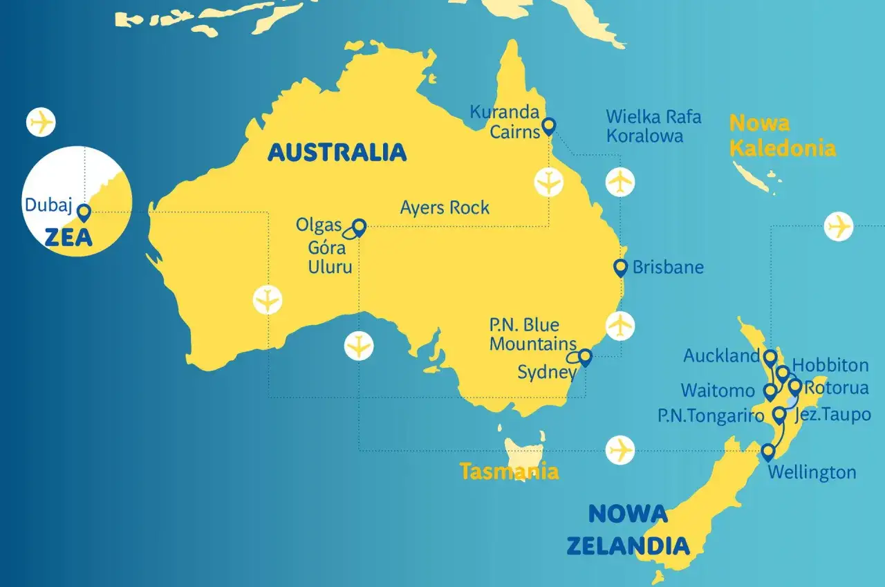 Mapa pokazuje trasę lotniczą z Dubaju do Australii i Nowej Zelandii. Ile trwa lot do Australii?