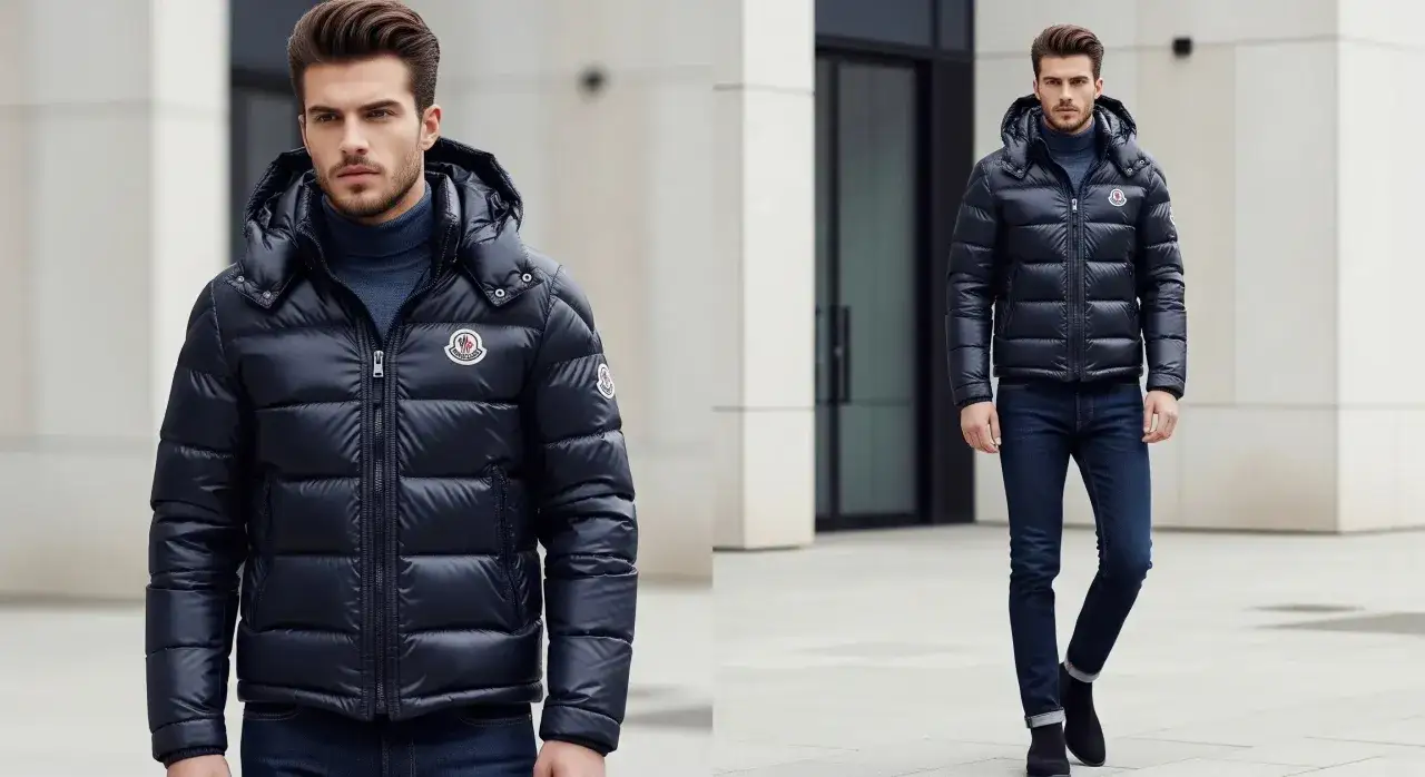 Hombre con chaqueta acolchada azul marino y vaqueros. La chaqueta Moncler, de donde es originaria, es un símbolo de estilo y calidad.