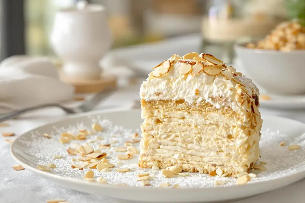 Tranche de g&acirc;teau a&eacute;rienne, garnie de cr&egrave;me fouett&eacute;e et d'amandes effil&eacute;es. Une d&eacute;licieuse dacquoise amande, saupoudr&eacute;e de sucre glace.