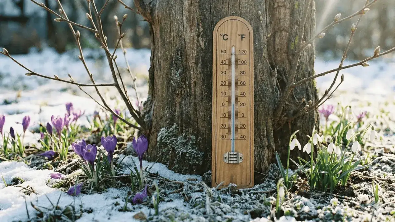 Termometr pokazuje niską temperaturę, a wokół kwitną krokusy i przebiśniegi. Taka pogoda na święta wielkanocne to niespodzianka.