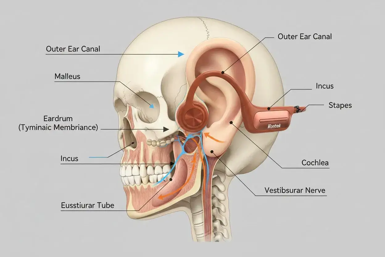 Un casque &agrave; conduction osseuse est illustr&eacute; sur un cr&acirc;ne humain, montrant l'oreille interne et les voies auditives.