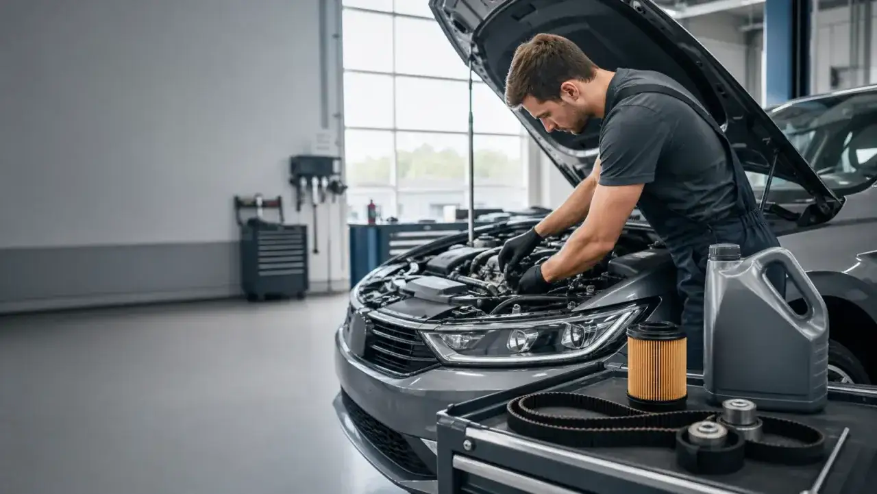 Mechanik sprawdza silnik, szukając objawów dziury w wydechu. Na wózku leżą części: filtr oleju, paski, rolki i olej.