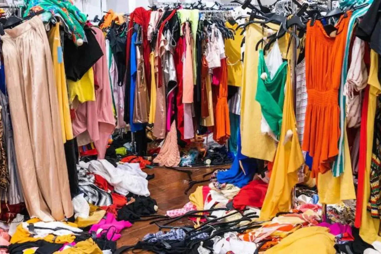 Stos ubrań, typowy dla **marek fast fashion**, w jaskrawych kolorach, w tym sukienki i sp&oacute;dnice, leży na podłodze i wieszakach.