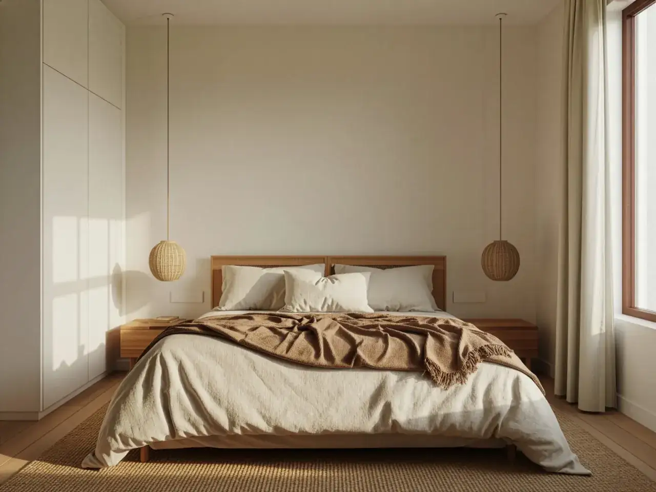 Ideas para decorar una habitación: cama de madera, mantas cálidas, lámparas de mimbre y un armario blanco minimalista.