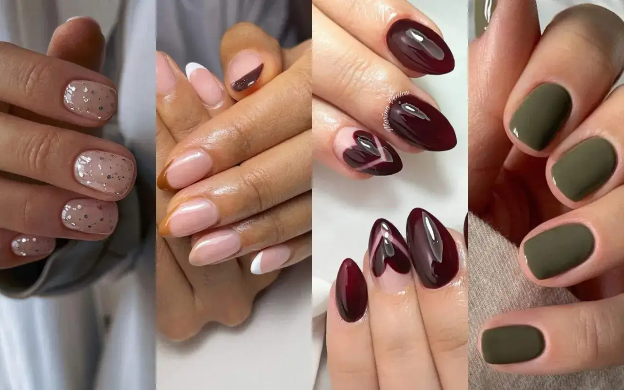 Manicure autunnali particolari: unghie nude con glitter, french con marrone, bordeaux con cuori e verde militare.