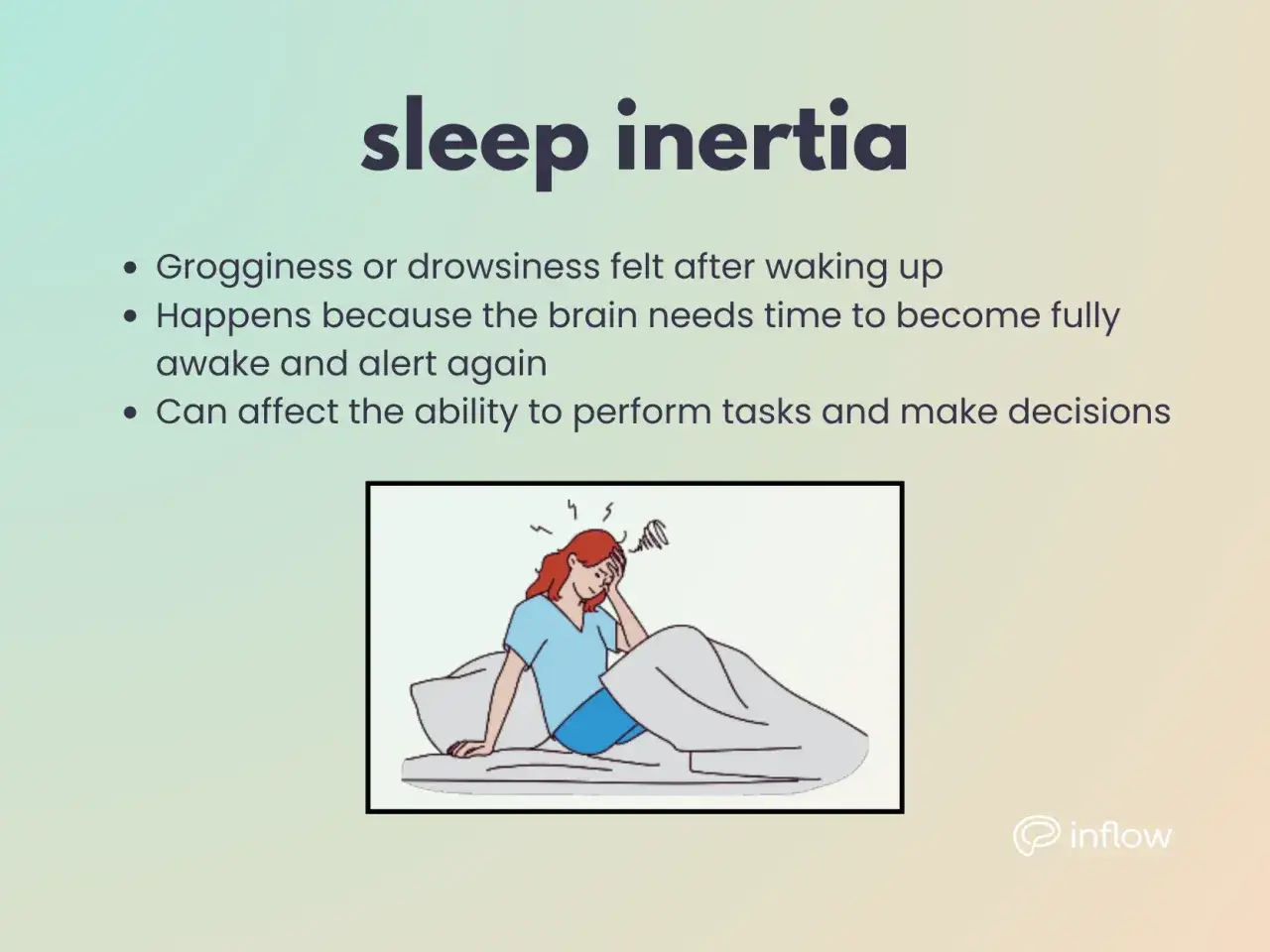 Illustration of a woman in bed, groggy and holding her head, depicting sleep inertia, a feeling akin to dysania meaning difficulty waking up.