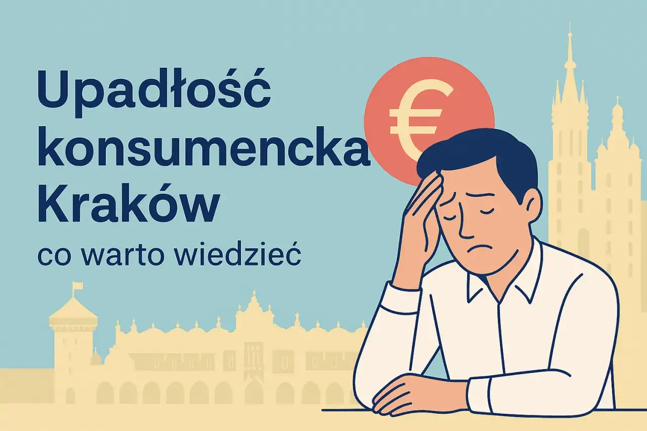Ilustracja mężczyzny z euro i panoramą Krakowa, symbolizująca upadłość konsumencką.