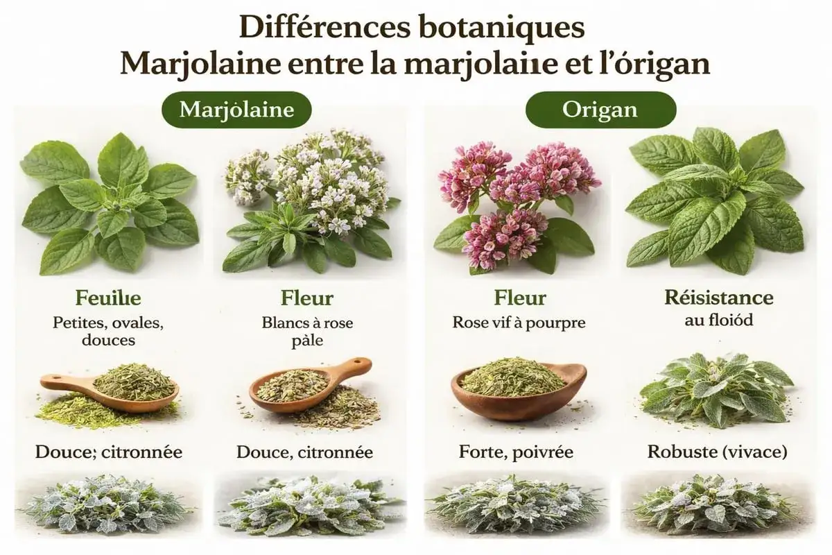 Comparaison visuelle de la marjolaine et de l'origan, montrant feuilles, fleurs, herbes séchées et plantes vivaces. Les bienfaits de la marjolaine incluent sa douceur citronnée.