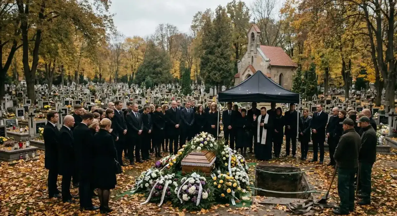 Uroczystość pogrzebowa na cmentarzu. Rodzina i przyjaciele żegnają zmarłego. Trudno określić, ile trwa pogrzeb, ale ta chwila jest pełna smutku.