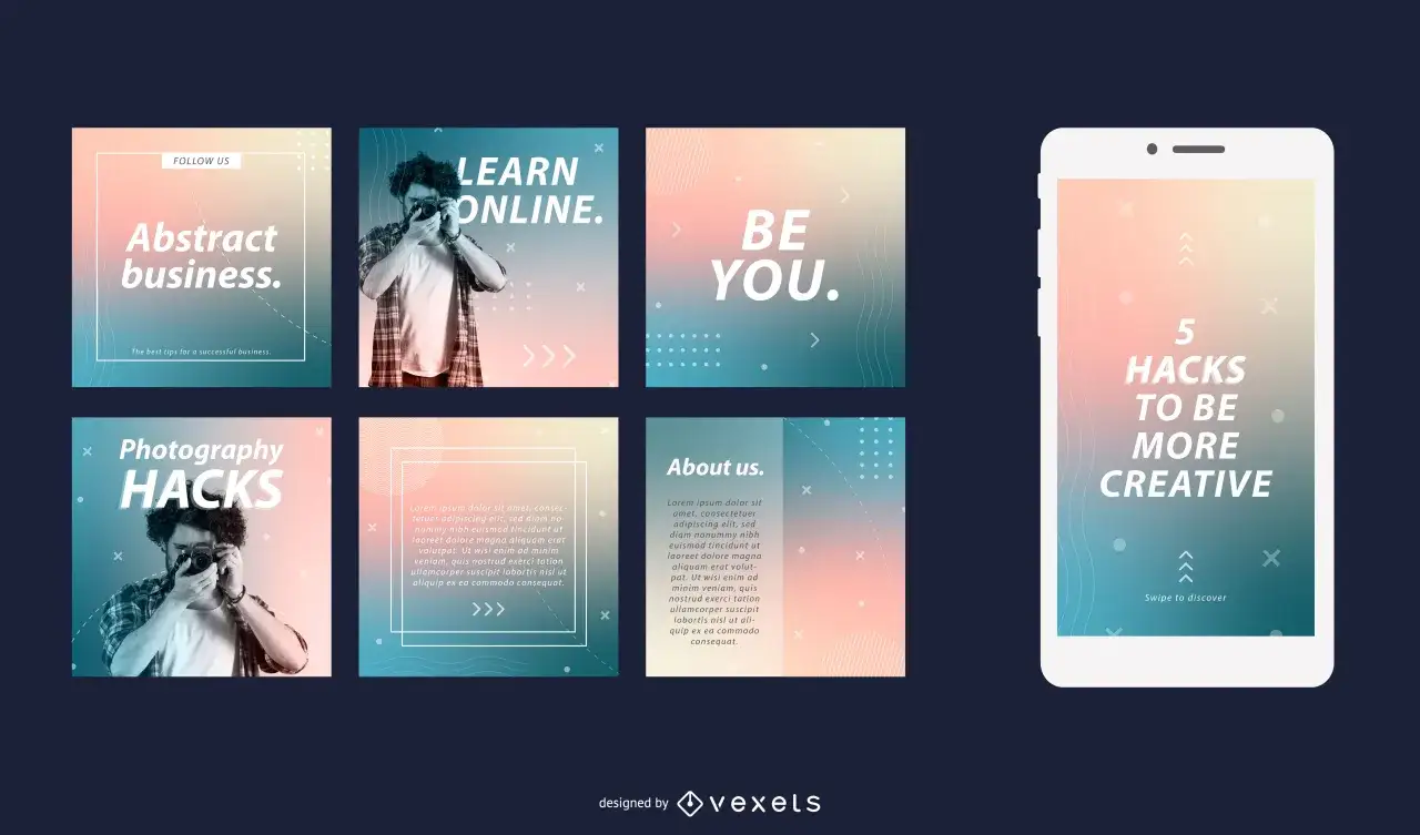 Social media posts and a phone screen showcase designs with a smooth gradient color transition, from pink to teal, illustrating what is gradient color.