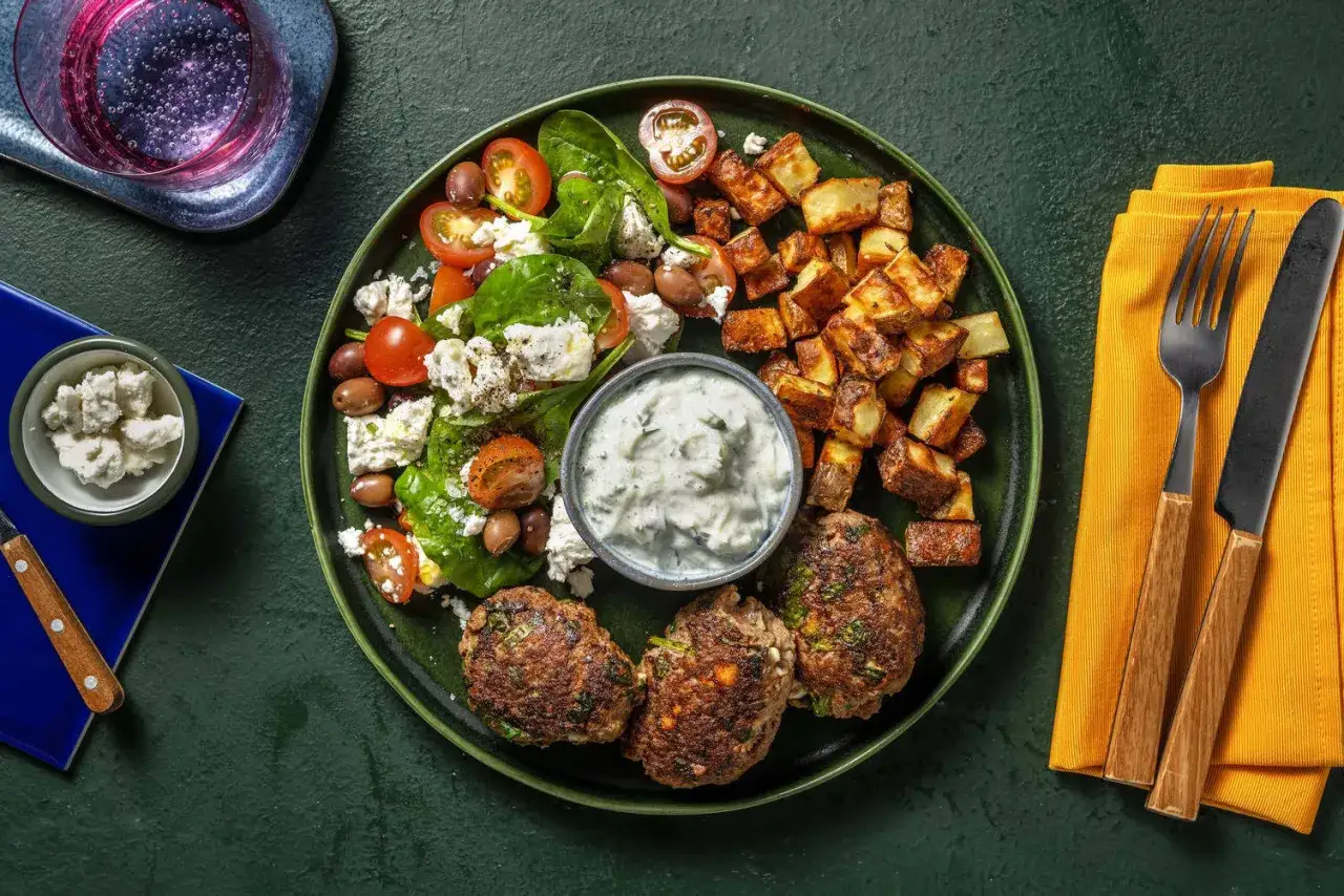 En tallrik med grekisk mat: köttbullar, sallad med fetaost, tomater och oliver, samt ugnsrostade potatisar och tzatziki.