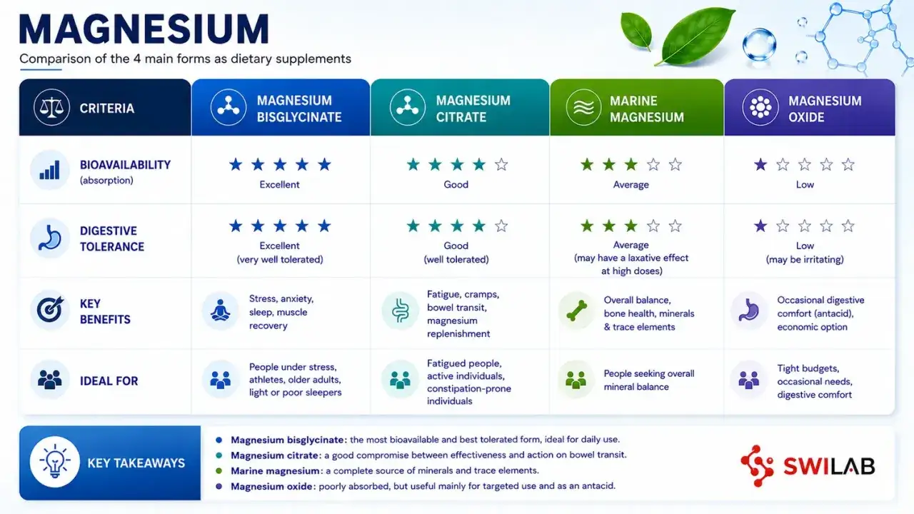 Niedobór magnezu objawy: porównanie form suplementów. Bisglicynian magnezu najlepszy, cytrynian dobry, morski dla równowagi, tlenek słabo przyswajalny.