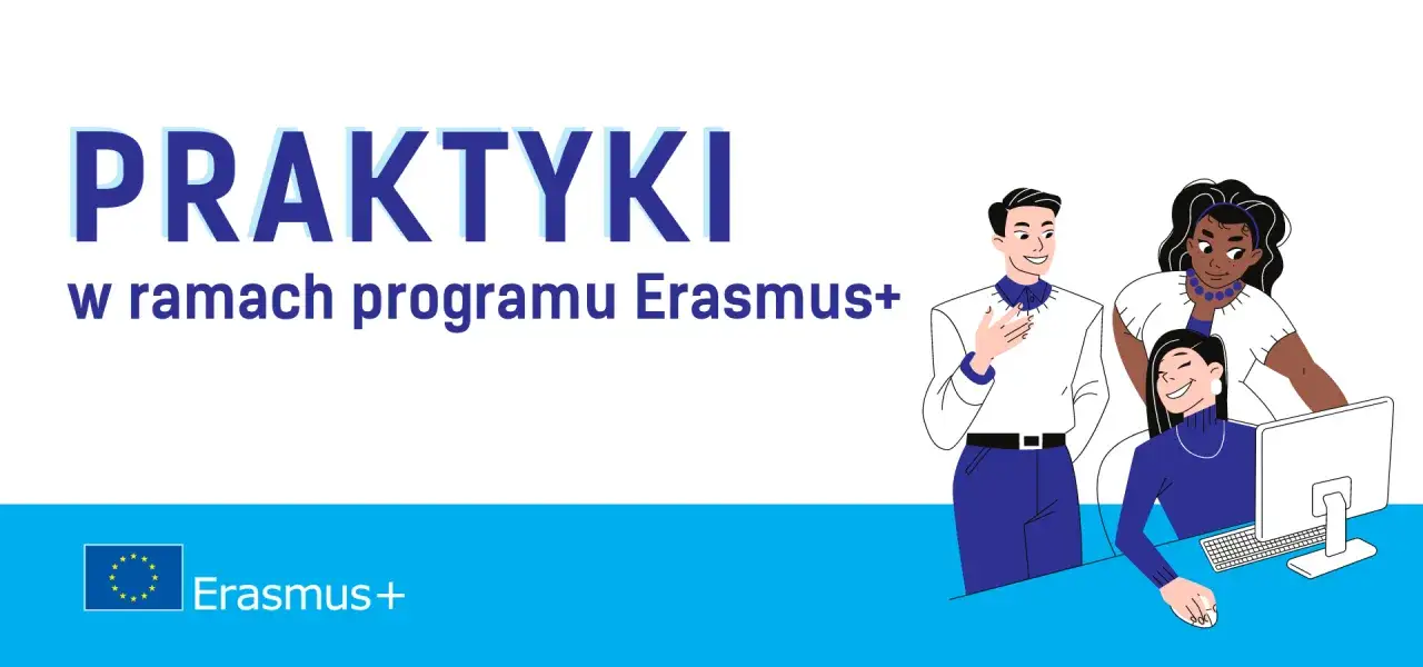 Trzy osoby pracują przy komputerze, omawiając praktyki w ramach programu Erasmus+.