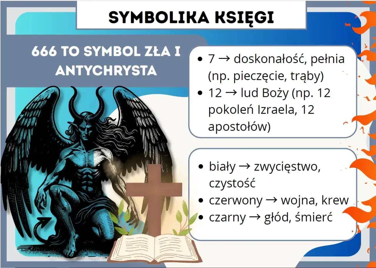 Symbolika Apokalipsy św. Jana: 666 to znak Antychrysta. Liczby 7 i 12 oznaczają doskonałość i lud Boży. Kolory: biały (zwycięstwo), czerwony (wojna), czarny (śmierć).
