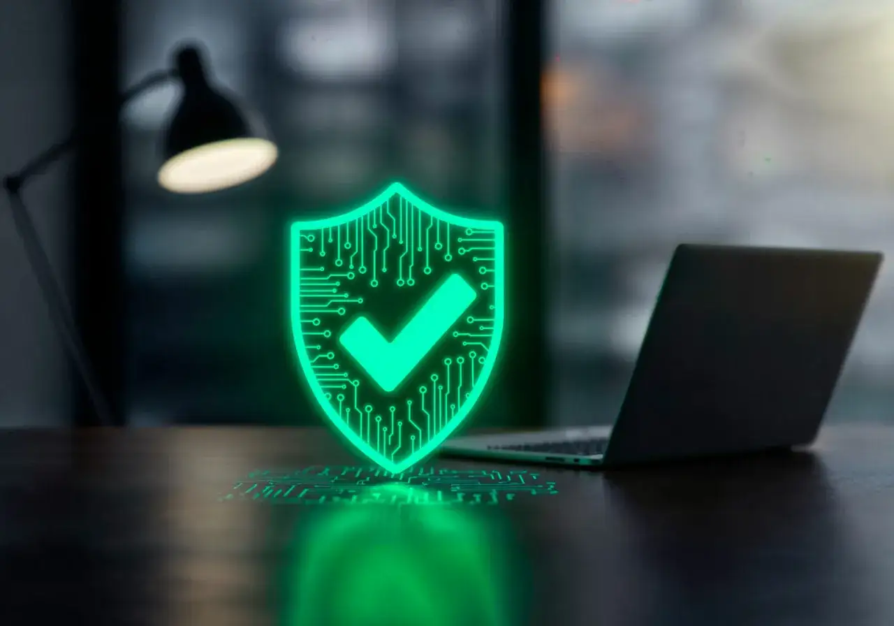 En lysande gr&ouml;n sk&ouml;ld med ett kryss symboliserar ett bra virusprogram. Bredvid syns en laptop p&aring; ett m&ouml;rkt skrivbord.