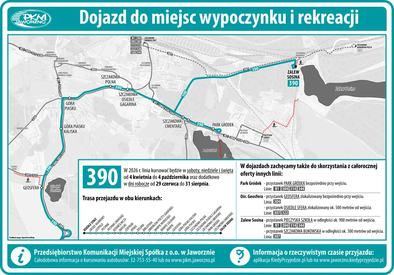 Mapa z trasą linii 390 PKM Jaworzno do Zalewu Sosina i Parku Gródek. Rozkład jazdy autobusów.