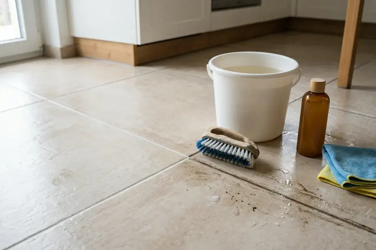 Attrezzi per pulire il pavimento dopo la posa: secchio con acqua, spazzola, flacone di detergente e panni.