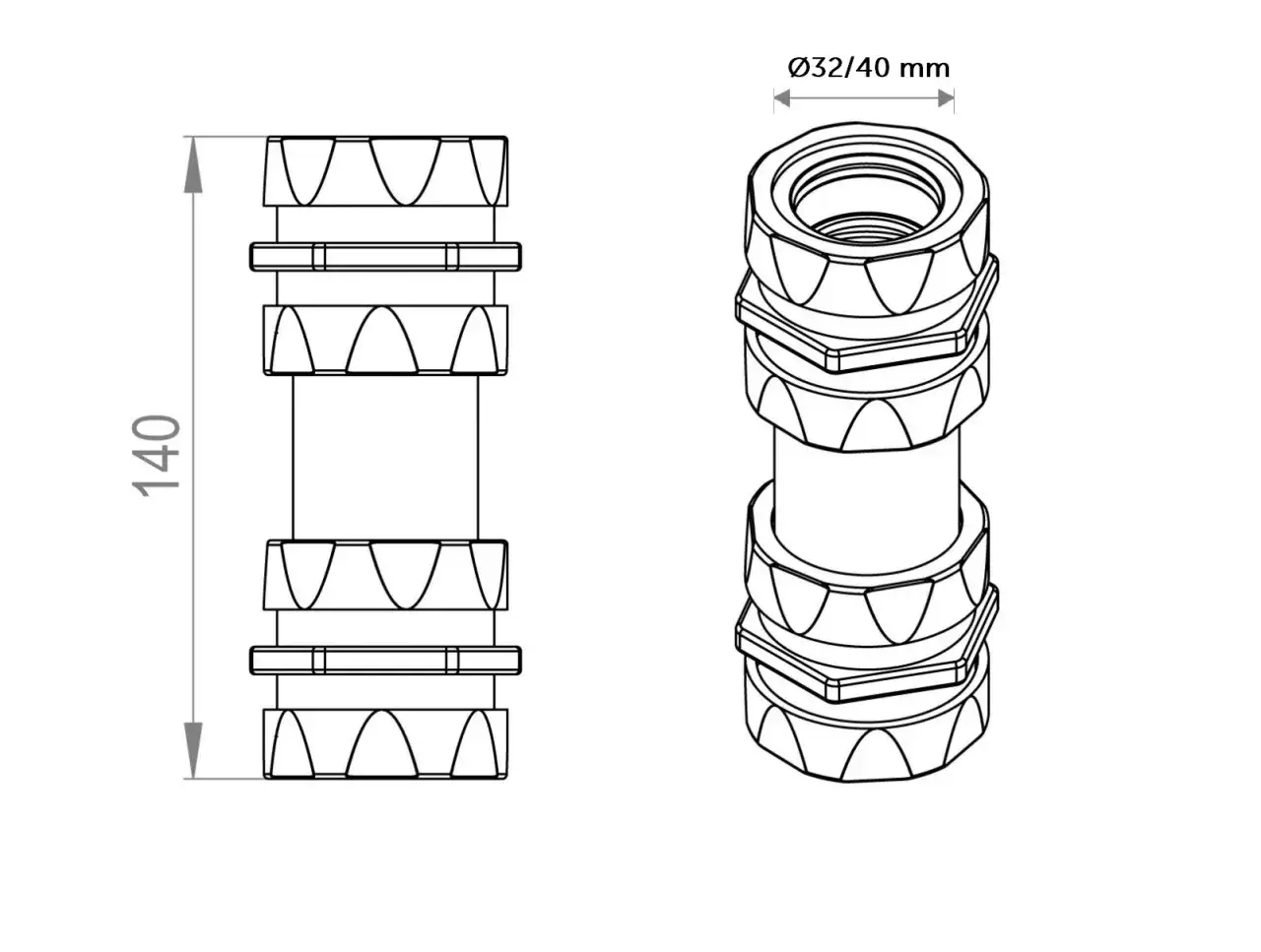 Schematyczny rysunek techniczny syfonu do rekuperacji o długości 140 mm i średnicy 32/40 mm.