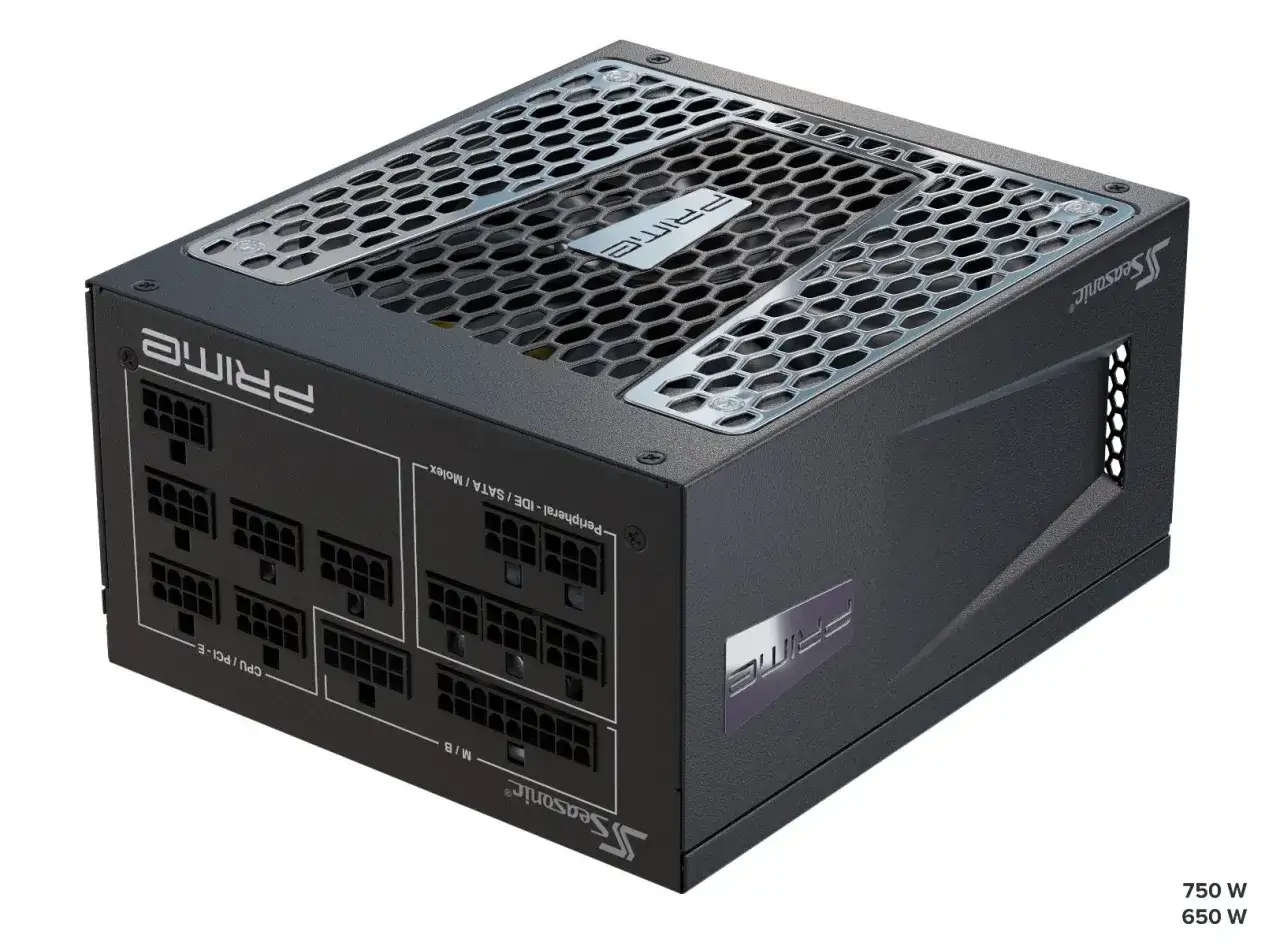 Czarny zasilacz komputerowy Seasonic PRIME 750W lub 650W, z licznymi złączami, idealny do budowy wydajnego PC.