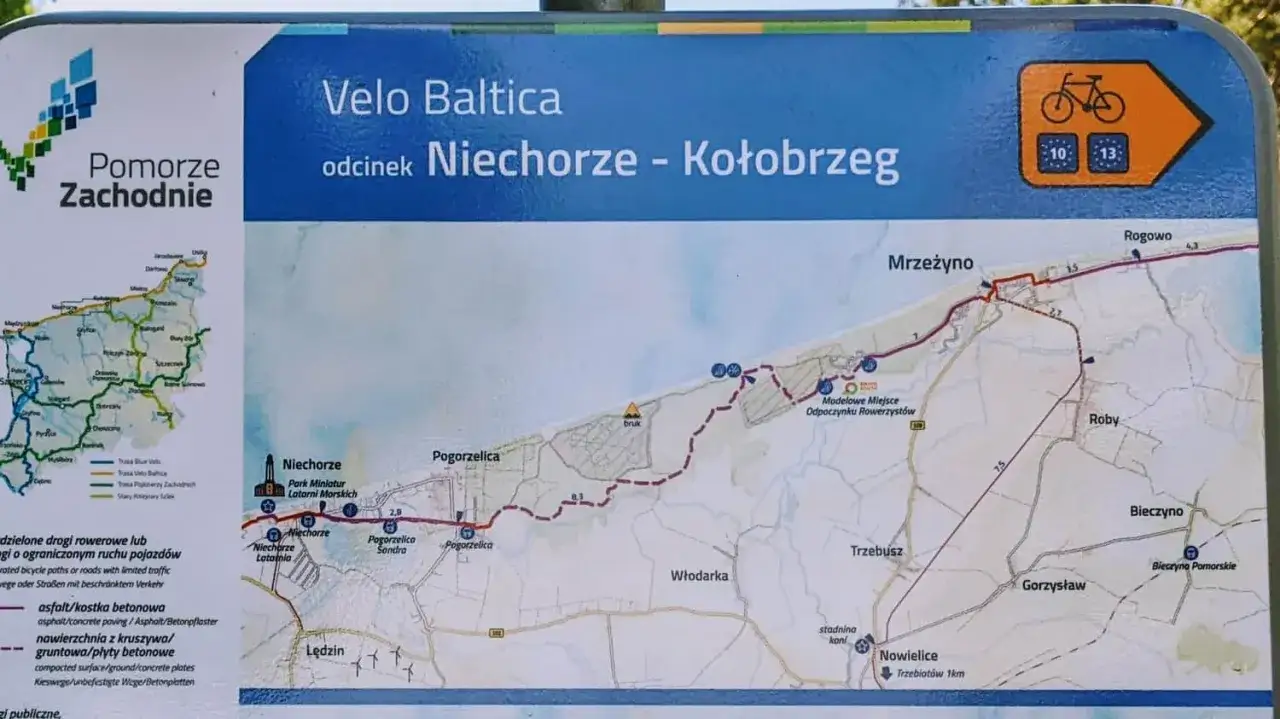 Mapa Velo Baltica, odcinek Niechorze-Kołobrzeg. Trasa rowerowa przez Mrzeżyno, Roby, Bieczyno.