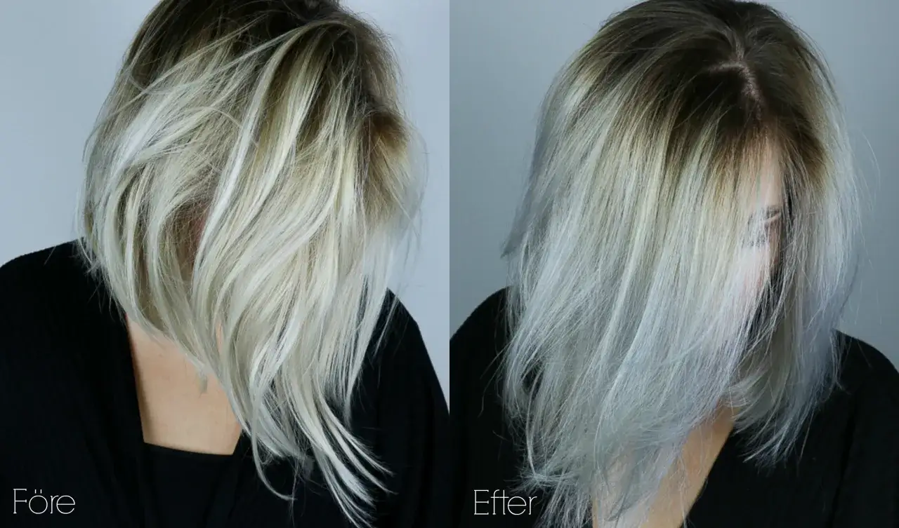 Före och efterbilder visar en mellanblond toning på blekt hår. Håret har fått en kallare, silveraktig ton.