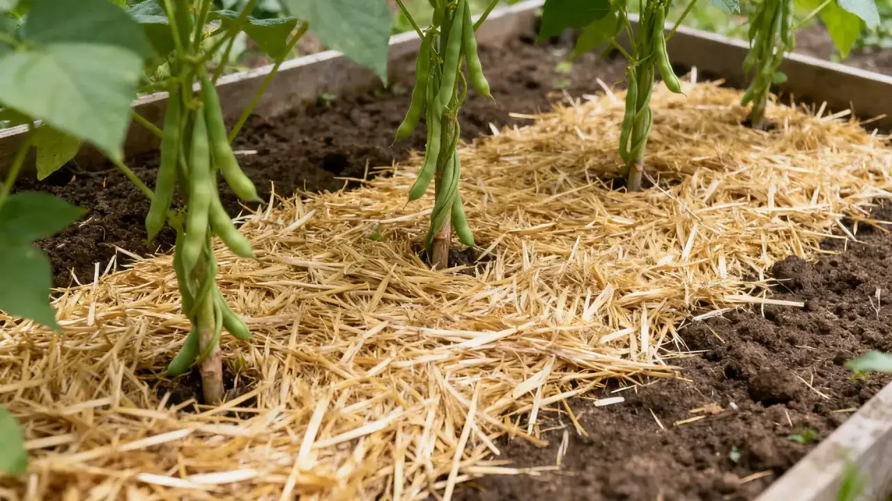 Des haricots verts poussent dans un potager, leurs tiges s'enroulant autour d'un tuteur. Le paillage de paille autour des plants assure un arrosage optimal.