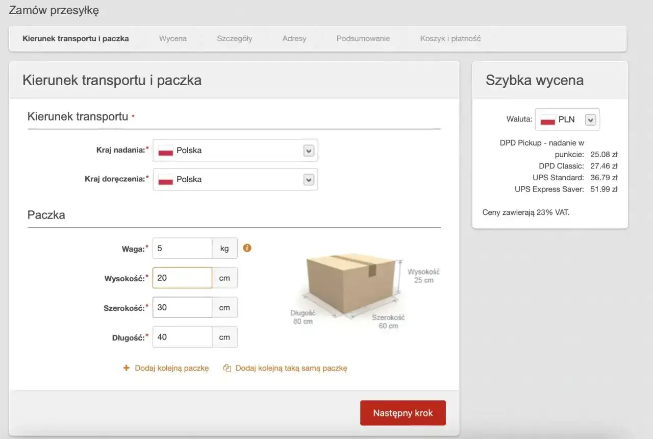 Formularz do wyceny przesyłki. Wpisz pocztex wymiary paczek: wagę 5 kg, wysokość 20 cm, szerokość 30 cm, długość 40 cm.