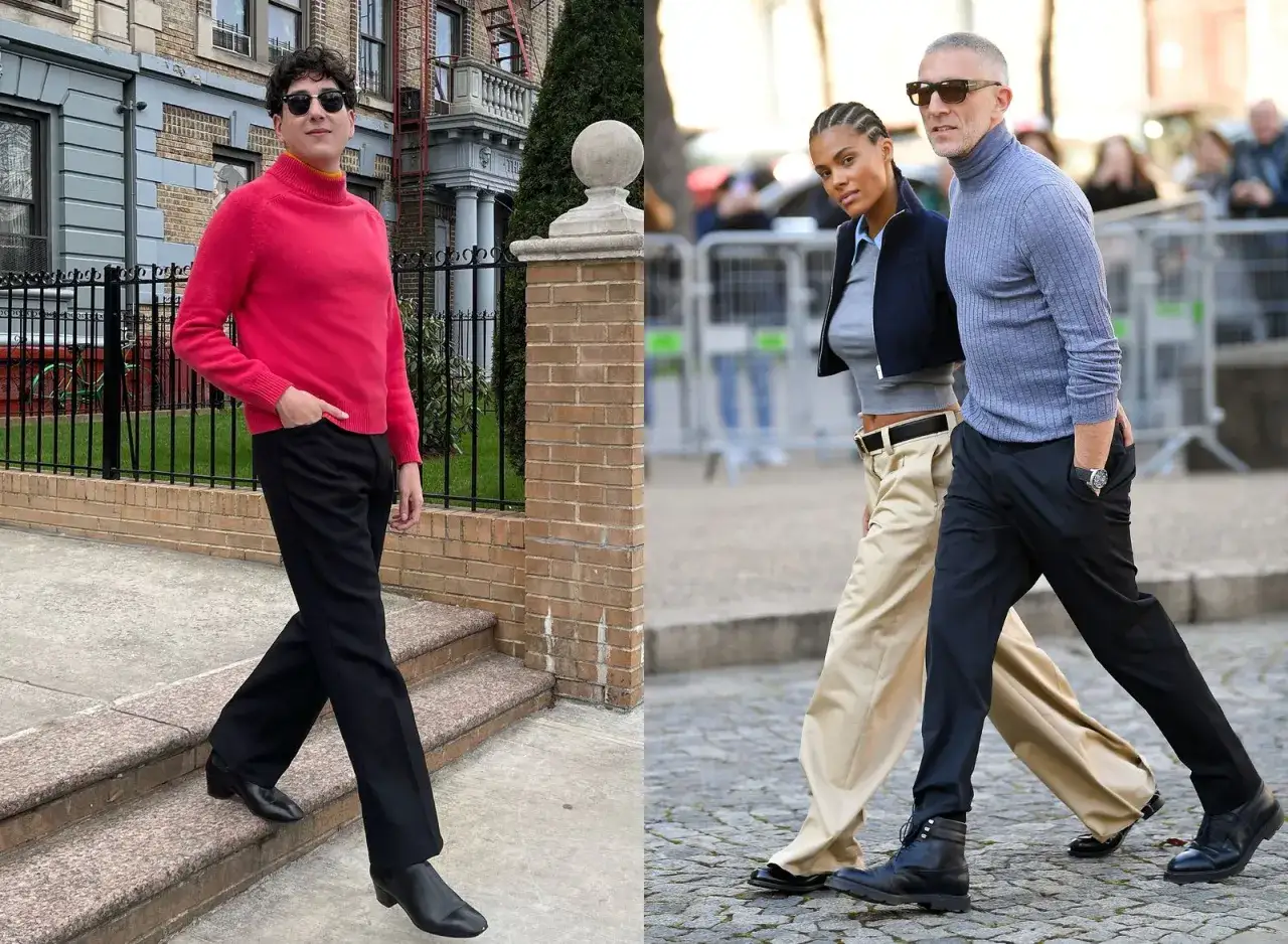 Mann in pinkem Rollkragenpullover und schwarzer Hose, ein Paar im franz&ouml;sischen Stil mit Rollkragenpullover und weiten Hosen.