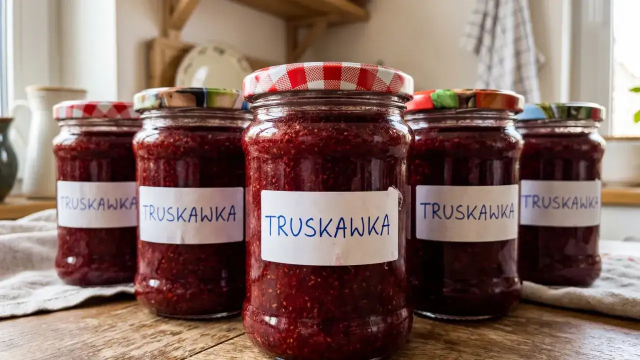Słoiki pełne domowego dżemu truskawkowego, gotowe na zimę. Każdy słoik ma etykietę z napisem 