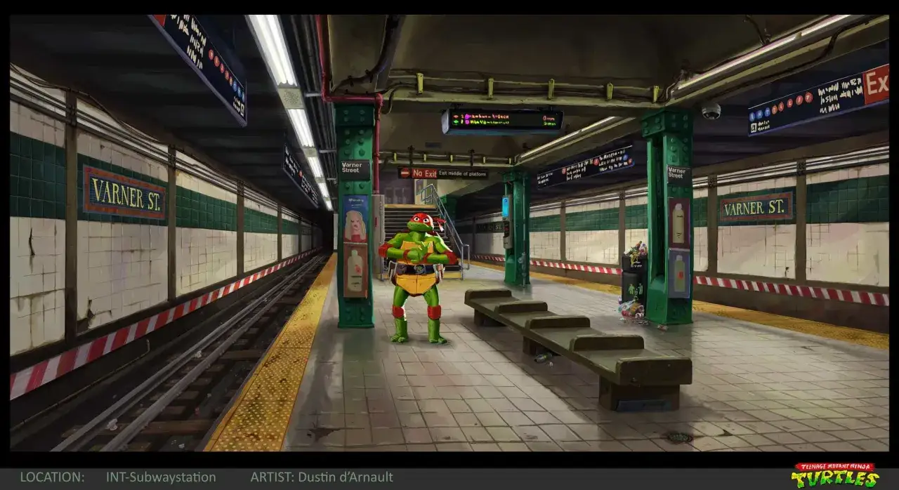 Un dessin d'imagination d'une station de métro new-yorkaise avec Raphael des Tortues Ninja.