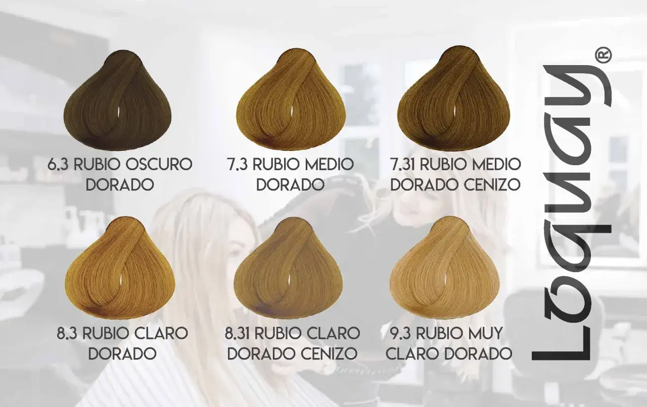 Paleta de distintos tipos de rubios: oscuro dorado, medio dorado, medio dorado cenizo, claro dorado, claro dorado cenizo y muy claro dorado.