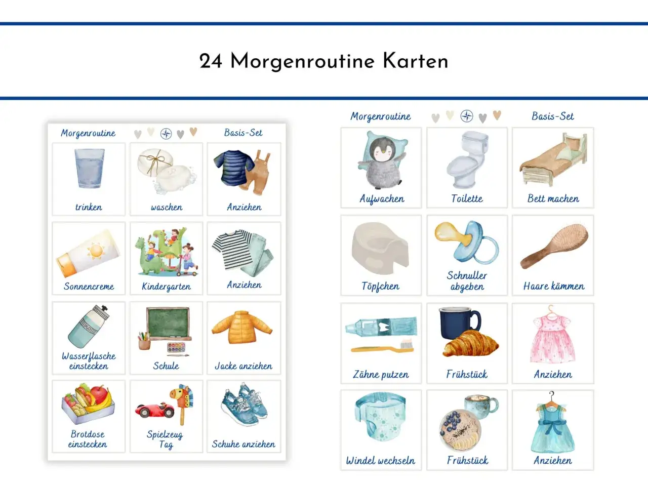 Kostenlose routine-karten zum ausdrucken f&uuml;r den Morgen: Trinken, Waschen, Anziehen, Aufwachen, Z&auml;hne putzen, Fr&uuml;hst&uuml;ck und mehr.