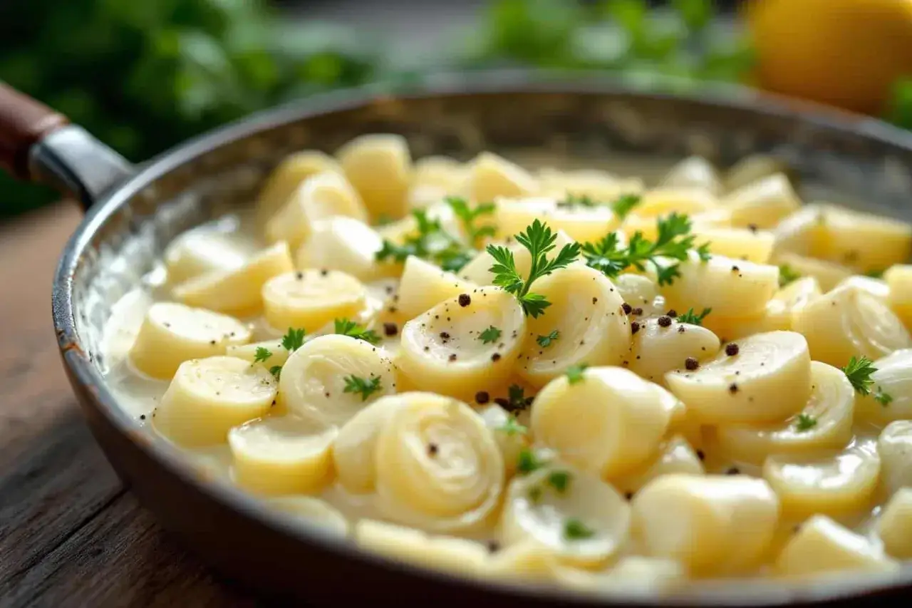 Fondue de poireaux cr&eacute;meuse, garnie de persil frais et de grains de poivre noir, pr&ecirc;te &agrave; &ecirc;tre d&eacute;gust&eacute;e. Une recette simple et savoureuse.
