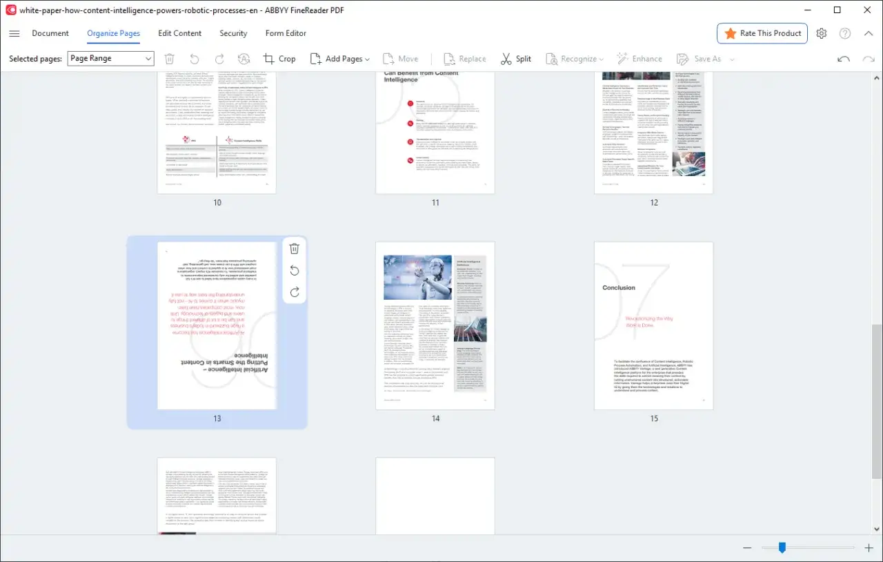 Widok dokumentu w ABBYY FineReader PDF, strony 10-15. Widoczne opcje edycji i organizowania stron.