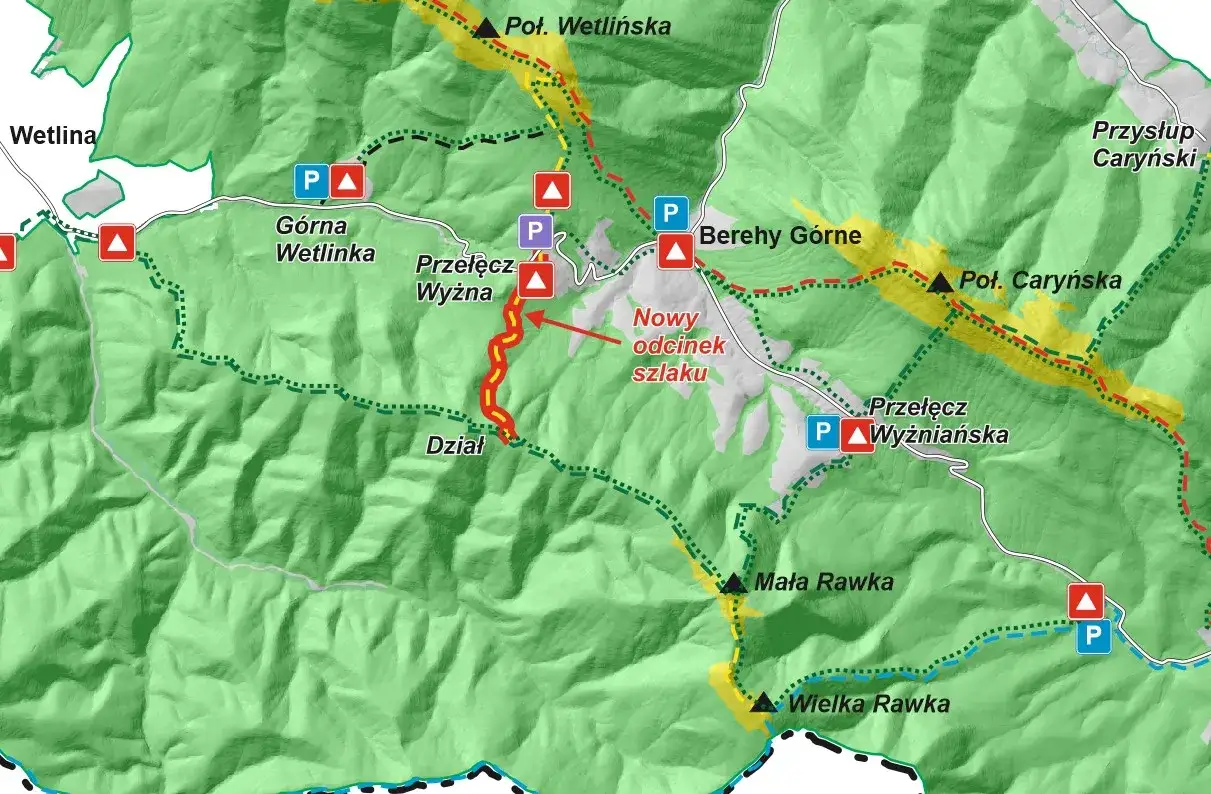Mapa szlaków Bieszczady Przełęcz Wyżniańska Mała Rawka