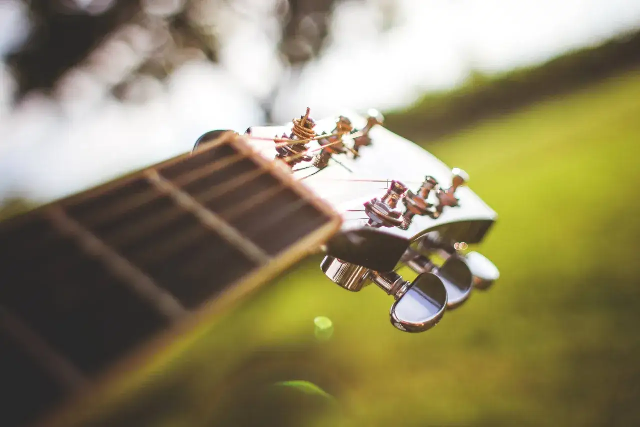 Nahaufnahme des Gitarrenkopfes mit Saiten und Mechaniken. Die Gitarre liegt im Freien, umgeben von unscharfem Gr&uuml;n.