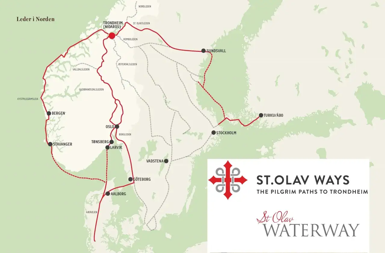 Karta &ouml;ver St. Olav Ways, pilgrimsvandring i Norden med leder till Trondheim. Visar st&auml;der som Bergen, Oslo, G&ouml;teborg och Stockholm.