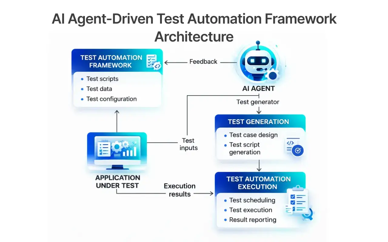 Diagrama de arquitectura de un marco de automatizaci&oacute;n de pruebas impulsado por IA. El AI Agent genera casos de prueba y scripts para el test de integraci&oacute;n.