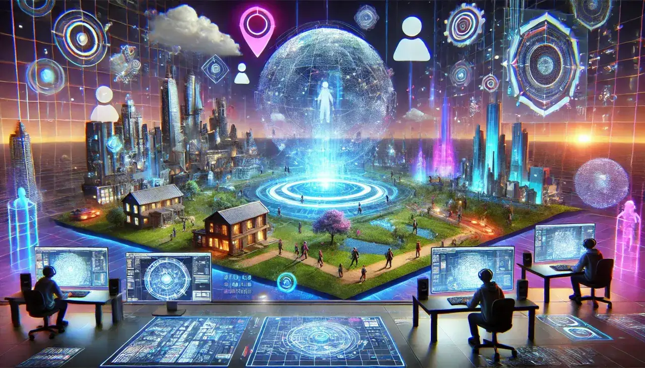 Explora **que es el metaverso y como funciona**: un mundo virtual inmersivo con ciudades futuristas, avatares y pantallas que muestran su complejidad.