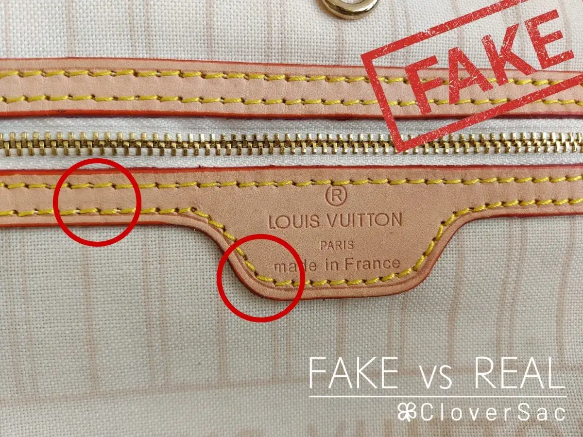 Louis Vuitton replica vs authentic: rote Kreise markieren fehlerhafte N&auml;hte bei einer gef&auml;lschten Tasche. 